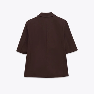 Short-sleeve dark brown linen blend blazer with classic collar and structured back seam