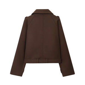 Short brown wool-blend jacket for women with notched collar and back belt detail
