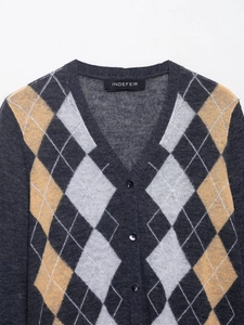 Close-up of argyle knit cardigan with V-neck and black buttons in grey and yellow
