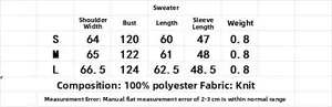 Size chart for women's plaid knit cardigan showing measurements for S, M, and L sizes