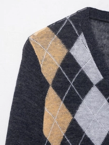 Close-up of argyle knit pattern and texture on a V-neck grey and yellow cardigan