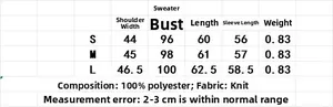 Detailed size chart for women's knit sweater including measurements and 100% polyester fabric