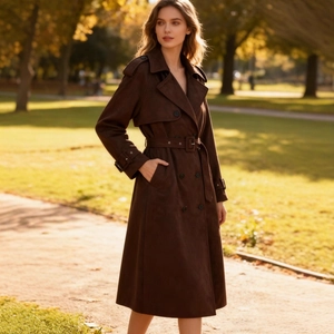 Classic dark brown double-breasted long trench coat for women with waist belt and lapel