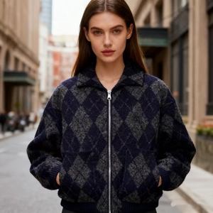 Women Vintage Argyle Knit Jacket Navy Blue Grey Stand Collar Zipper Warm Soft Casual Long Sleeve Knitwear Coat For Women