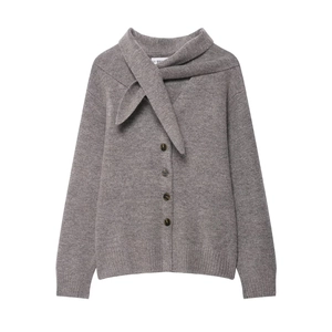 Women's Casual Knit Cardigan Sweater with Scarf Tie Collar Button Down Long Sleeve Loose Fit Solid Gray Knitwear Jacket