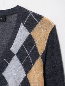 Detailed close-up of dark grey V-neck argyle knit cardigan with yellow and white diamond pattern