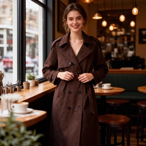 Classic dark brown double-breasted long trench coat with waist belt for women