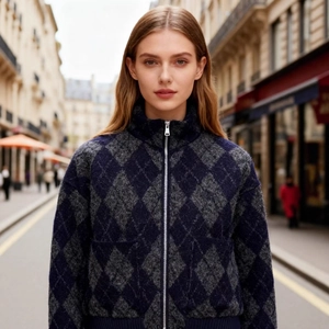 Women's diamond pattern zip-up knit cardigan sweater with high collar in navy and grey