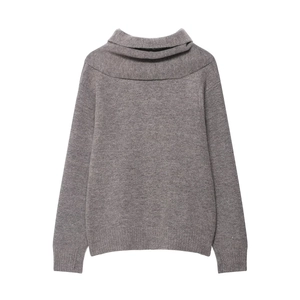 Classic grey turtleneck knit sweater with ribbed cuffs and hem on a white background