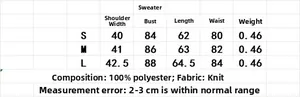 Size chart for V-neck knitted vest showing S, M, L dimensions in polyester fabric