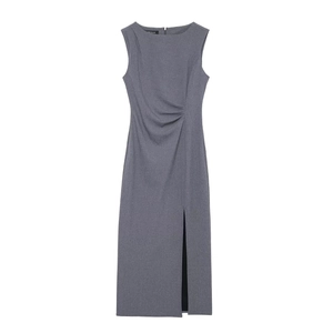 Elegant Women Sleeveless Midi Dress Polyester Blend Side Slit Pleated Waist Round Neck Slim Fit Office Commuter Bodycon Dress