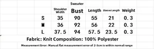 Size chart for women short sleeve knit sweater showing S, M, L measurements in centimeters