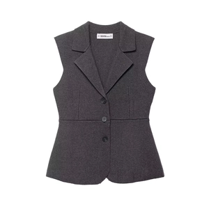 Women European Style V Neck Slim Fit Knitted Vest Sleeveless Button Down Peplum Waistcoat Solid Color Autumn Streetwear Top