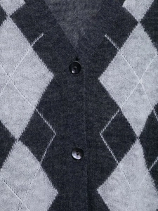 Detail shot of grey argyle knit cardigan featuring soft texture and black buttons