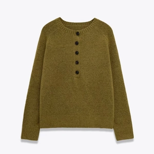 Women Loose Knit Sweater Long Sleeve Henley Round Neck Button Front Raglan Sleeves Ribbed Trim Solid Color Casual Pullover
