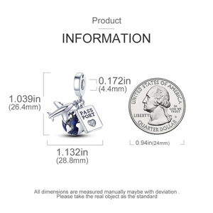 Travel theme charm size guide with airplane, globe, and passport charms near a coin