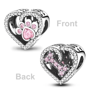 Luminous silver heart charm bead with pink gemstone paw and bone patterns on both sides