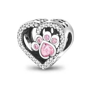 Detail of S925 sterling silver heart charm with pink zircon paw print and paved stones