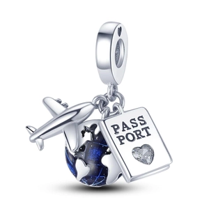 925 sterling silver travel charm with silver airplane, blue enamel globe and passport