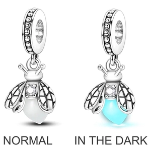 Luminous firefly charm in 925 sterling silver with blue glow in the dark effect