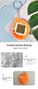 Detail view of orange electronic pet game keychain with LCD screen and red buttons