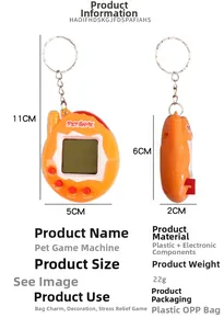 Front and side view of orange pet game keychain with metal chain and LCD screen