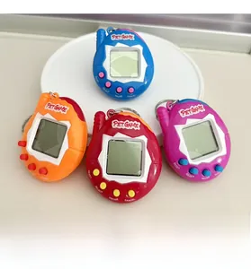 Detailed view of four colorful mini electronic pet game keychains in red, blue, and purple