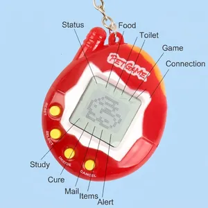 Red retro electronic pet keychain game console with LCD screen and yellow buttons