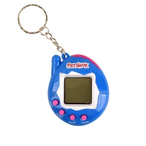 Classic blue and pink handheld virtual pet game keychain with LCD screen and metal ring