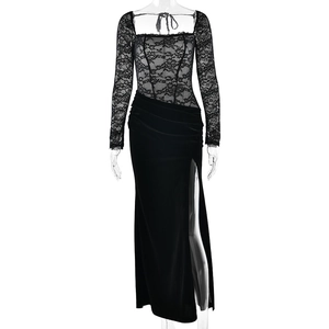 Elegant black velvet maxi dress with lace sleeves and high slit for evening wear