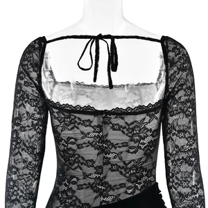 Detail of black floral lace back with square neck and delicate ribbon bow tie