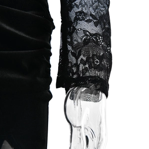 Detailed view of elegant black floral lace sleeve and ruched fabric texture on dress