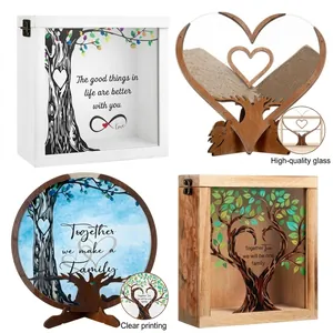 Cadres boîte d'ombre en buis rustique avec arbre et cœur pour cadeaux de mariage déco