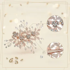Detailed view of handmade vintage flower hair clip with sparkling rhinestones and rose gold finish