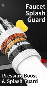 Detail view of water filter showing four-layer mineral stone filtration and splash-proof spray