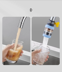 Kitchen faucet filter showing comparison between turbid water and clear purified water