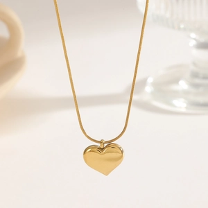 Minimalist 3D heart pendant necklace with gold snake chain for women, mirror polish finish