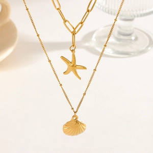 Close-up of double-layer titanium necklace with golden starfish and scallop pendants