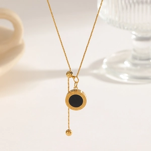 Golden titanium steel necklace with black roman numeral pendant and adjustable snake chain