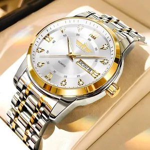 Luxury Men Quartz Watch Stainless Steel Strap Rhinestone Dial Double Calendar Luminous Waterproof Roman Numeral Business Wristwatch