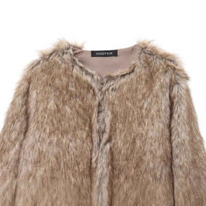 Women's faux fur jacket in brown mix with fluffy texture and smooth inner lining