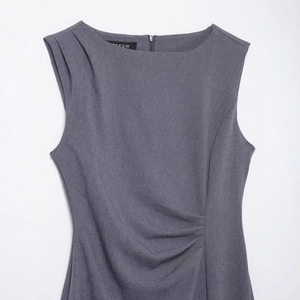 Sleeveless dark grey midi dress featuring elegant shoulder and waist pleat details