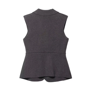 Deep grey V-neck slim fit sleeveless knit vest with peplum hem for professional look