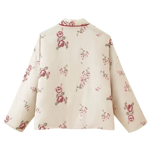 Women's kimono quilted jacket in beige with pixelated red rose floral pattern back view