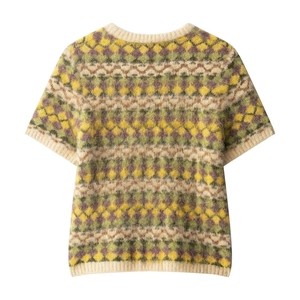 Retro geometric jacquard knit short sleeve shirt with vintage brushed mohair texture