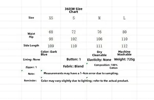 Tableau des tailles détaillé pour jeans évasés en coton bleu foncé avec mesures précises