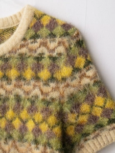 Detail of vintage argyle knit sweater showing mohair texture and ribbed neckline