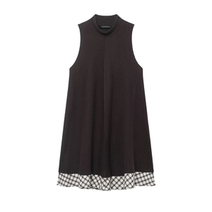 Women Mock Neck Sleeveless Ribbed Knit Midi Dress Vintage Plaid Patchwork Loose Casual Tank Dress Coffee