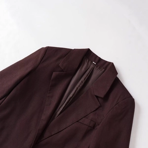 Fashionable dark burgundy linen blend short sleeve blazer jacket for women in size M