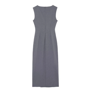 Deep grey sleeveless slim-fit midi dress in tailored blend fabric with back split